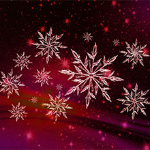 transparent graphic snowflakes against a red background.