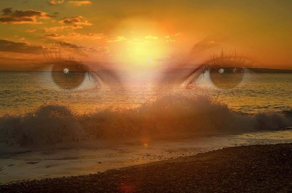 Eyes transparent on the ocean sunset horizon and beach view.