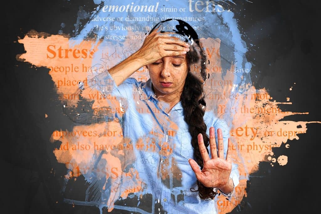 a lady stressed out with paint splatters and text of stressful words all around her.