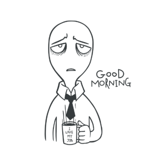 A graphic illustration man cartoon with a tired expression and a coffee cup.