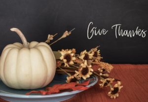 Give thanks on the chalkboard with a white pumpkin and dried flowers on a plate.